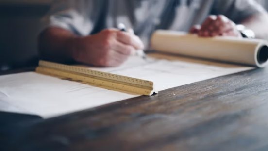 Manos trazando un plano sobre una mesa de madera